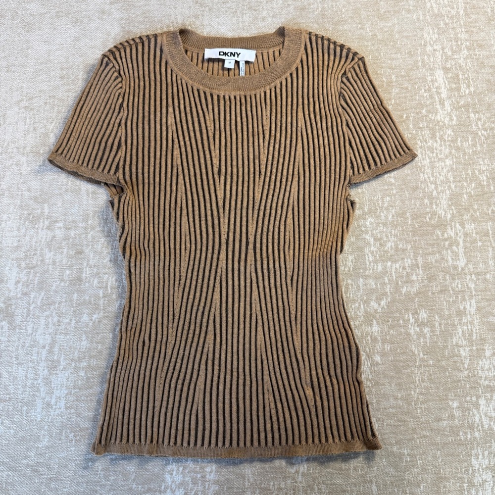 DKNY Ribbed Knit Top Womens Size M Brown Excellent Stretchy Blend